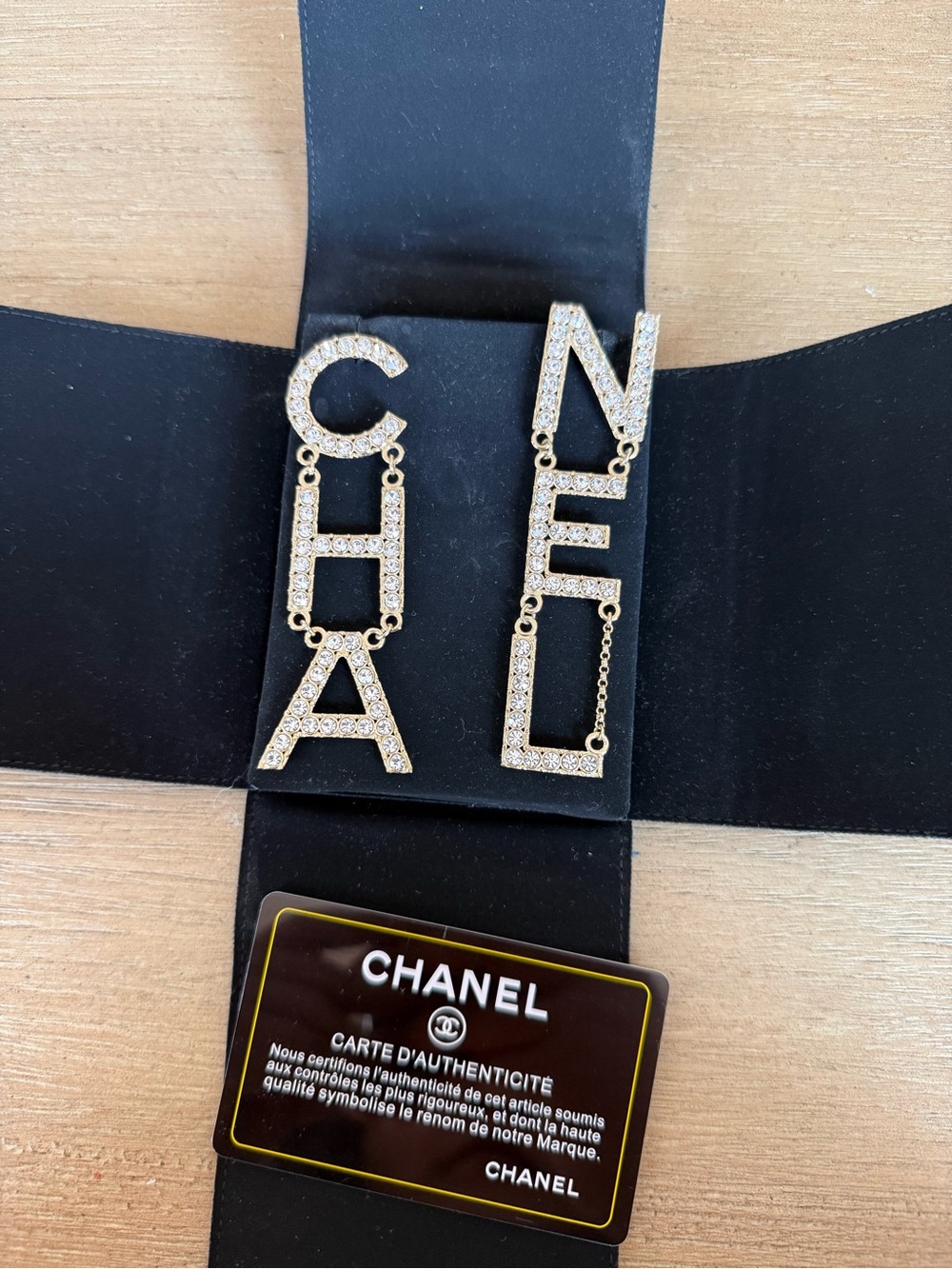 C HANEL Crystal Logo Drop Earrings - Silver Tone - Picture 2 of 5